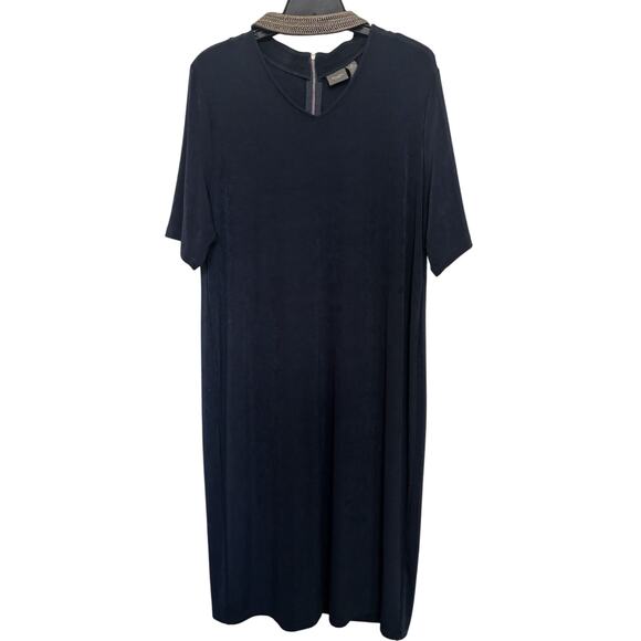 Chicos Travelers Navy Blue Gold Embroidered Midi Dress Sz 3 XL Slinky Stretch - Picture 1 of 7